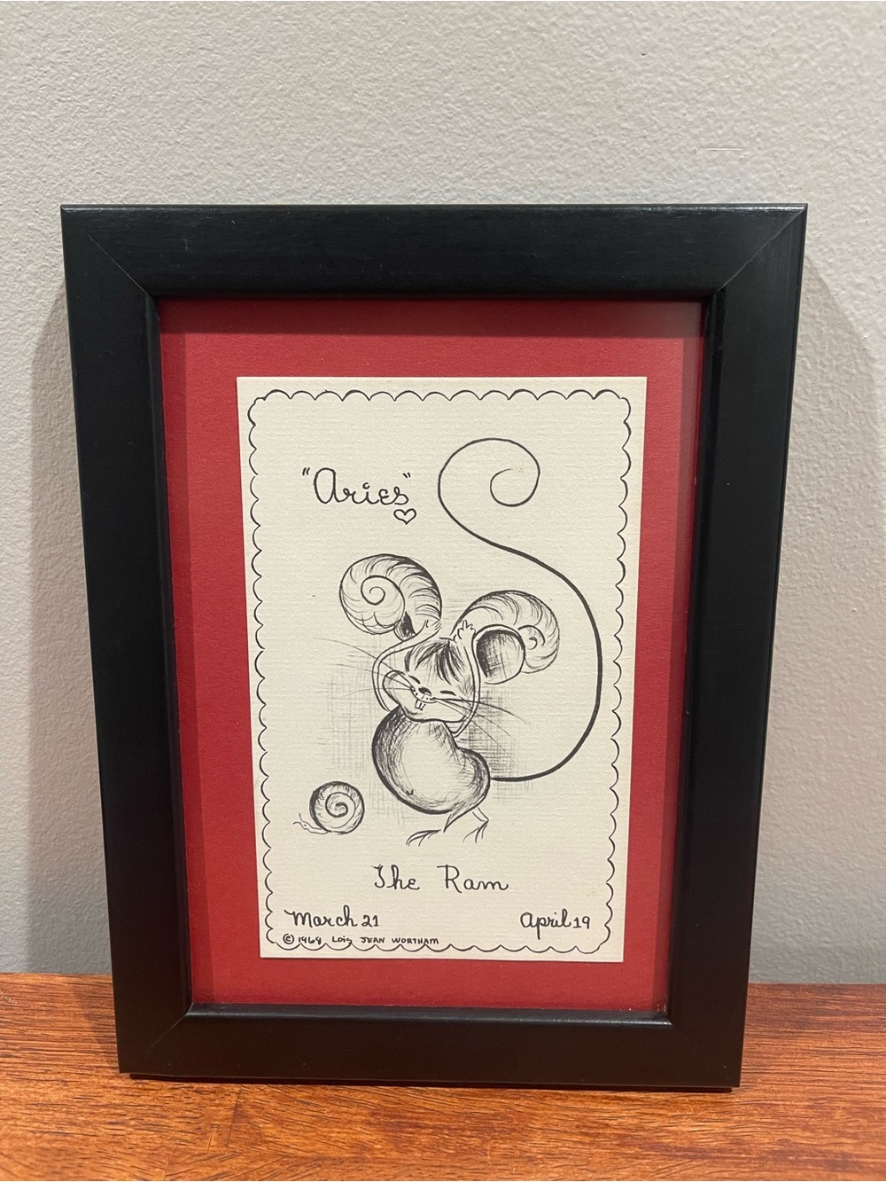 Vintage 1969 Lois Jean Wortham Aries Illustration Print Mouse Framed 8x6 The Ram